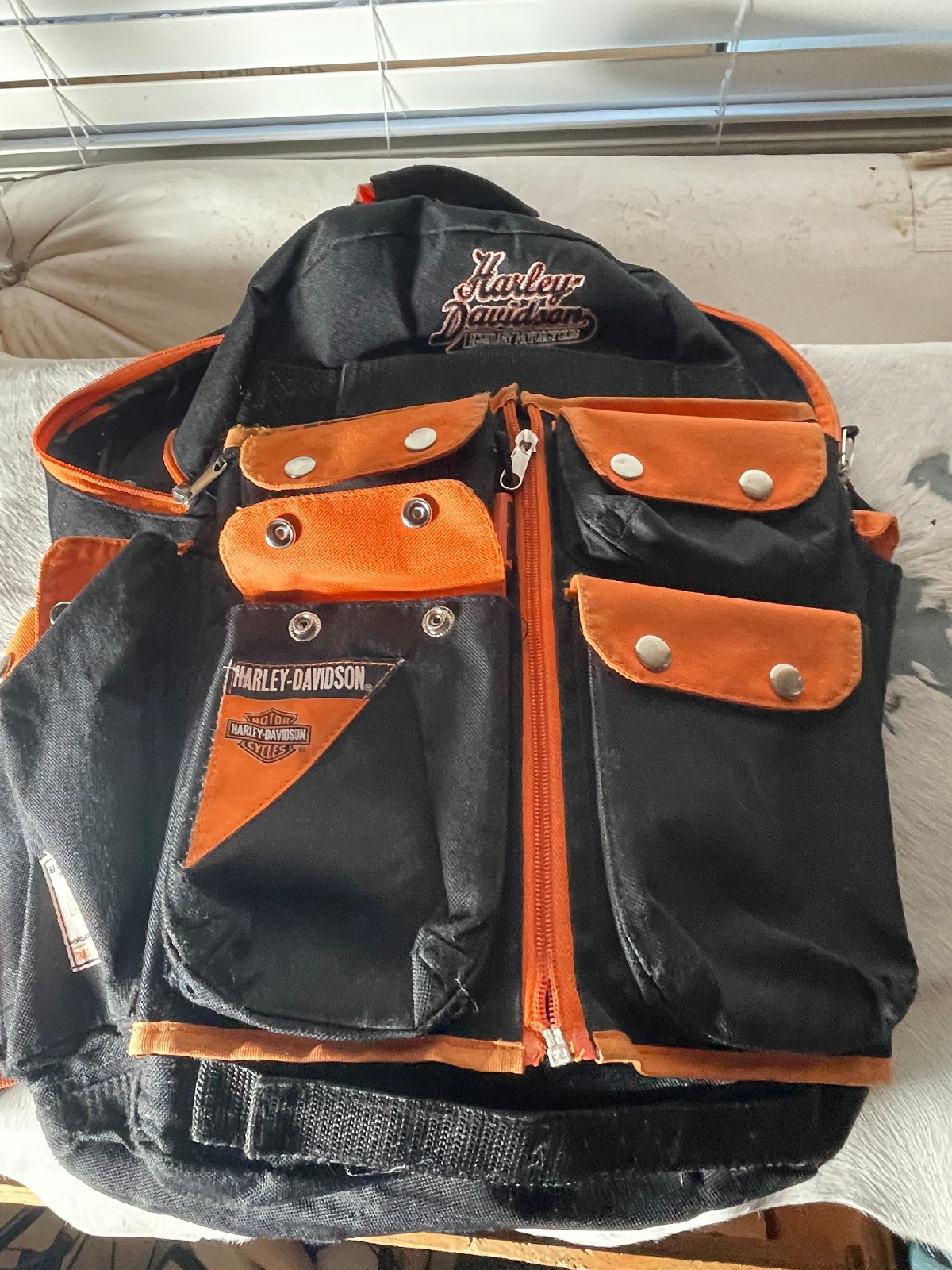 Harley Davidson Backpack 19 x 15 in Black Orange Zip Pockets Embroidered