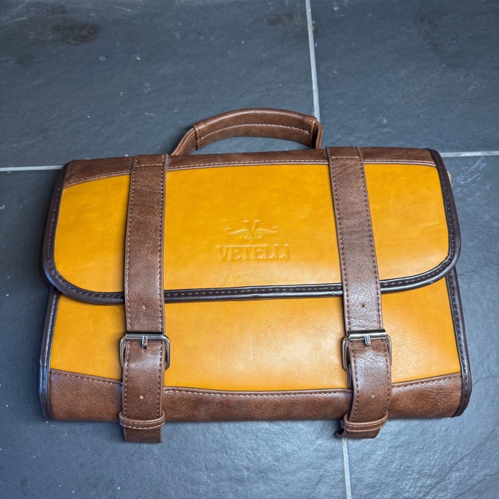 Vetelli Mens Hanging Toiletry Bag Vegan Leather Dopp Kit Travel Organizer Brown