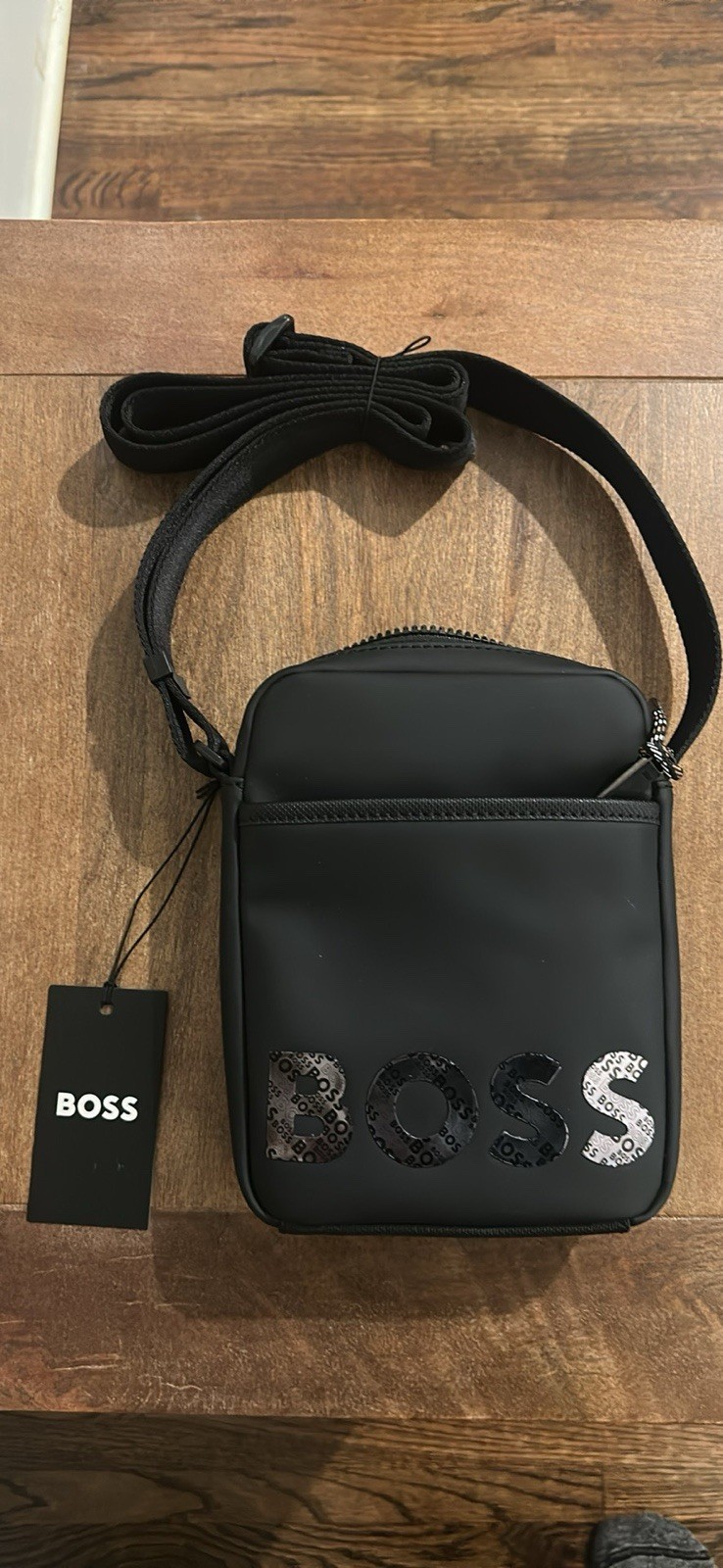 BOSS Men’s Small Black Logo Crossbody Bag Adjustable Strap Zip Closure