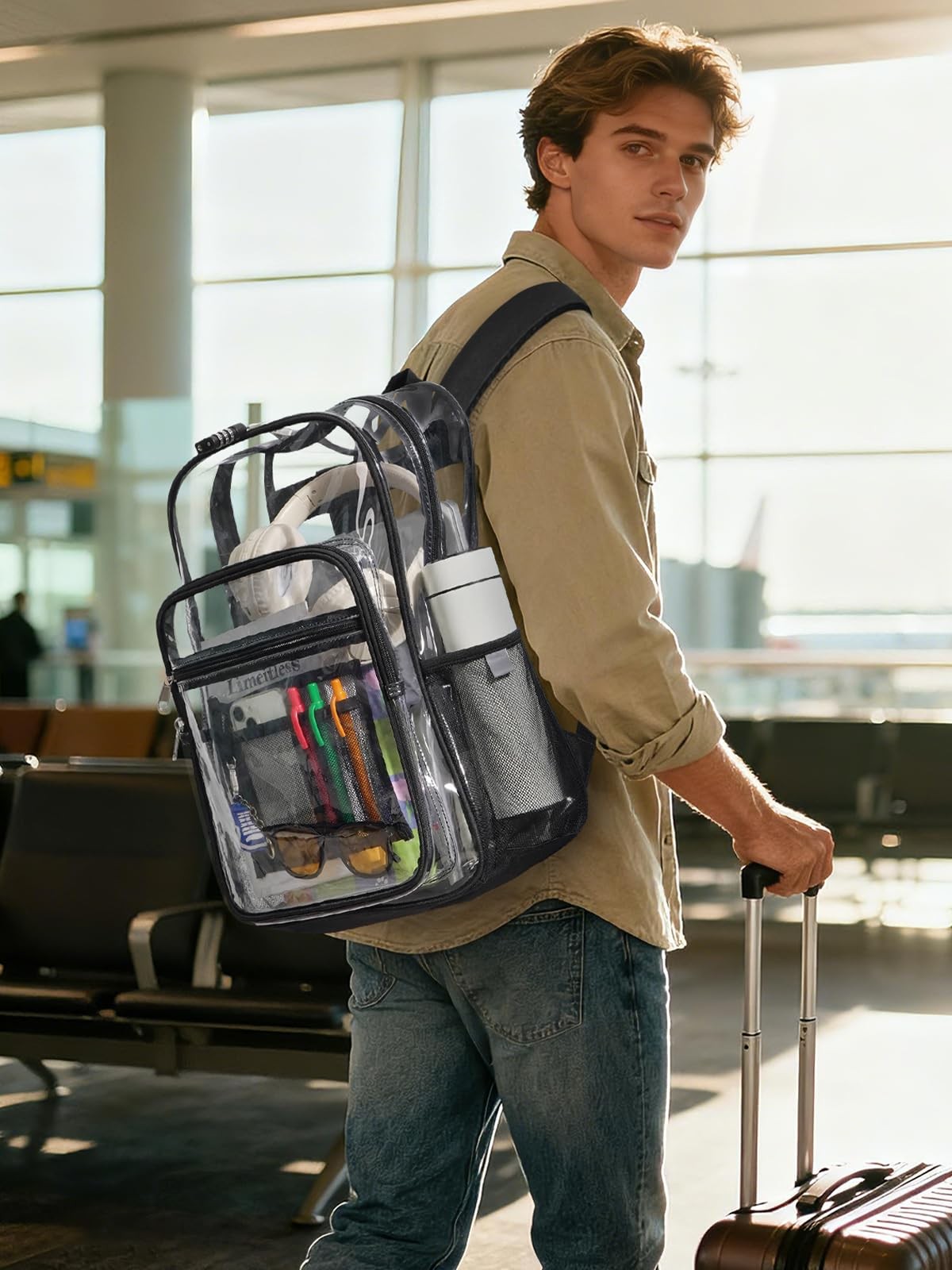 Black Clear Backpack Heavy Duty TSA Lock 18 Inch Transparent See Through Bag