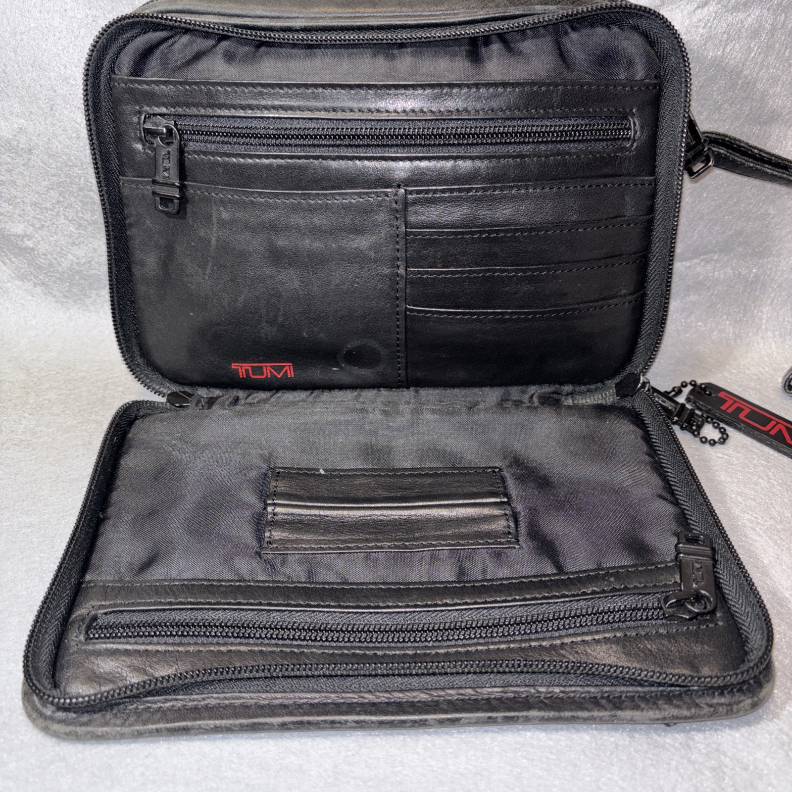 TUMI Second Bag Clutch Bag Leather Black Multi Pocket Japan W/ Charm Authentic