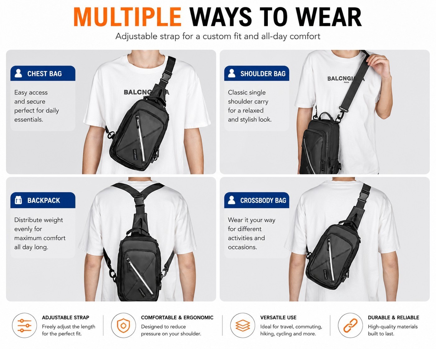 Men Women Nylon Sling Bag Backpack Crossbody Shoulder Chest Cycle Daily Travel