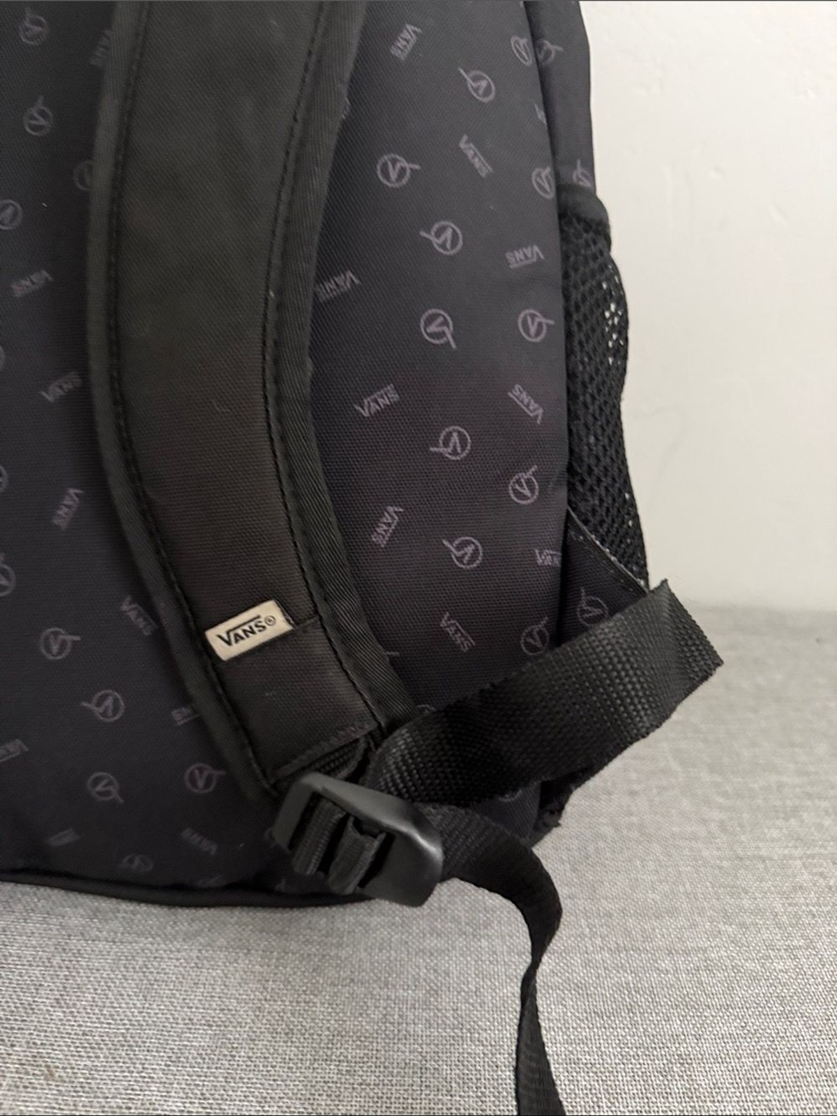 Vans Alumni Backpack – Black Monogram Logo Print 🎒