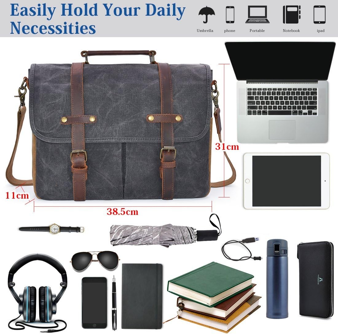 Men’s 15.6″ Waterproof Leather Canvas Laptop Messenger Bag Grey Satchel