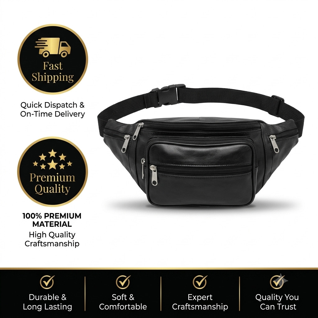 REAL LEATHER ZIPPED SECURE WAIST/ BUM BAG, TRAVEL/HOLIDAY MONEY DOCUMENT POUCH