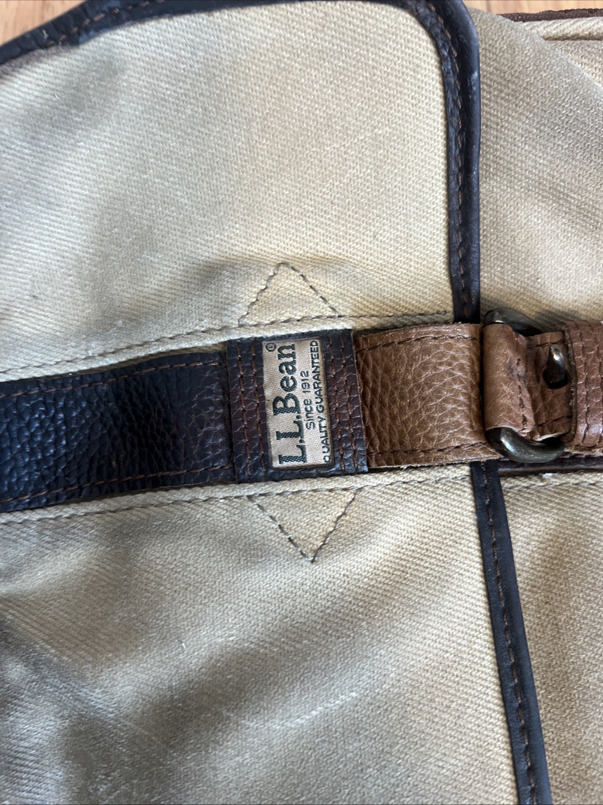 LL Bean Canvas Messenger Crossbody Bag Push Lock Leather Trim Tan Brown