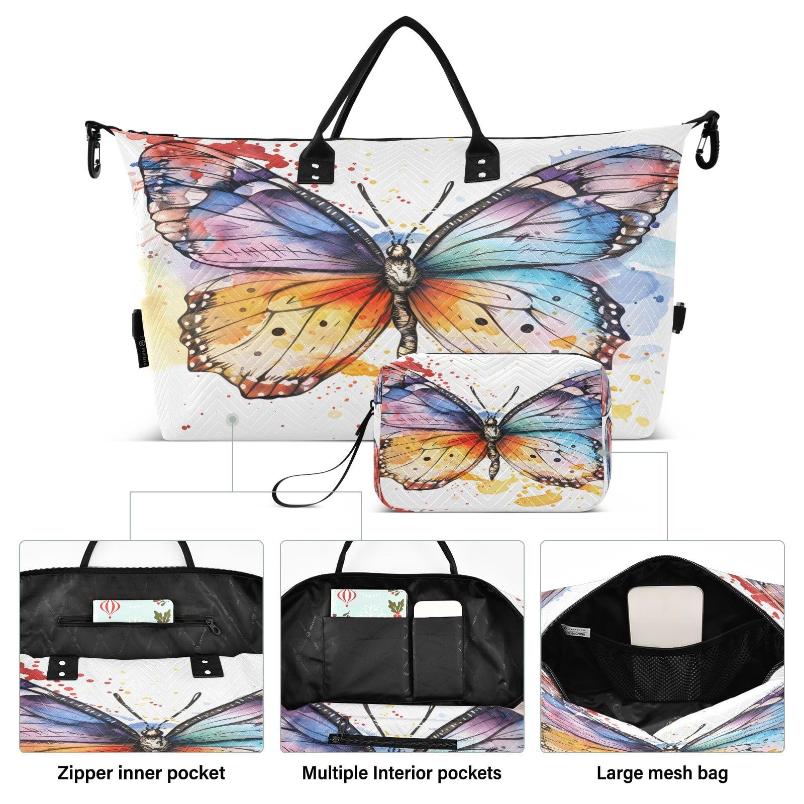 Butterfly Travel Duffle Gym Bag, Butterfly Watercolor Print Weekender for Wom…