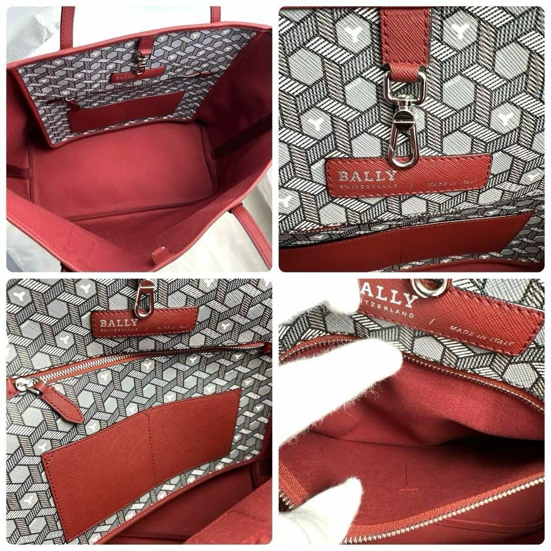 Bally Men’s Tote Shoulder Bag PVC Leather Gray Black Red Stripe 34x28x17cm