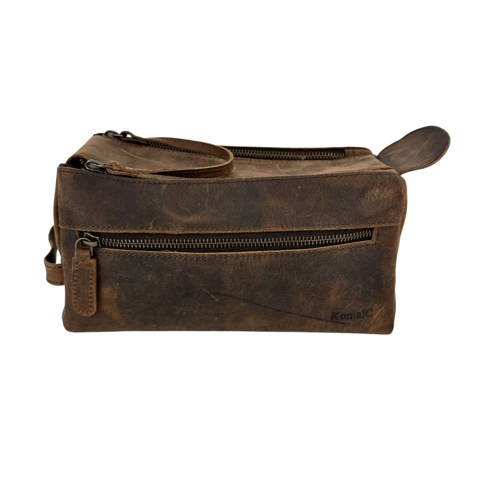 KomalC Men’s Toiletry Travel Bag Brown Buffalo Distressed Leather Dopp Kit