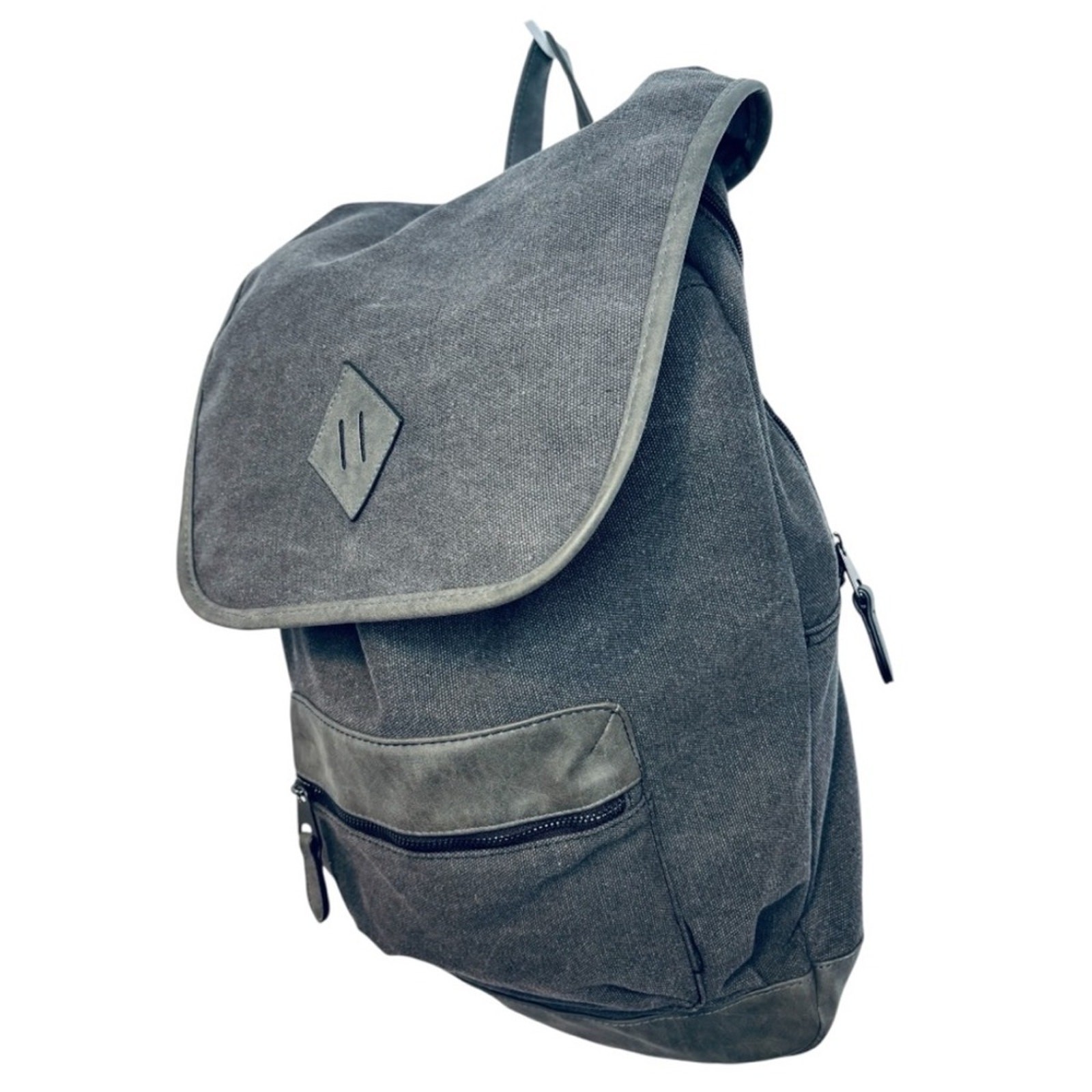 Unisex Gray Canvas Backpack with Flap Top & Drawstring Closure