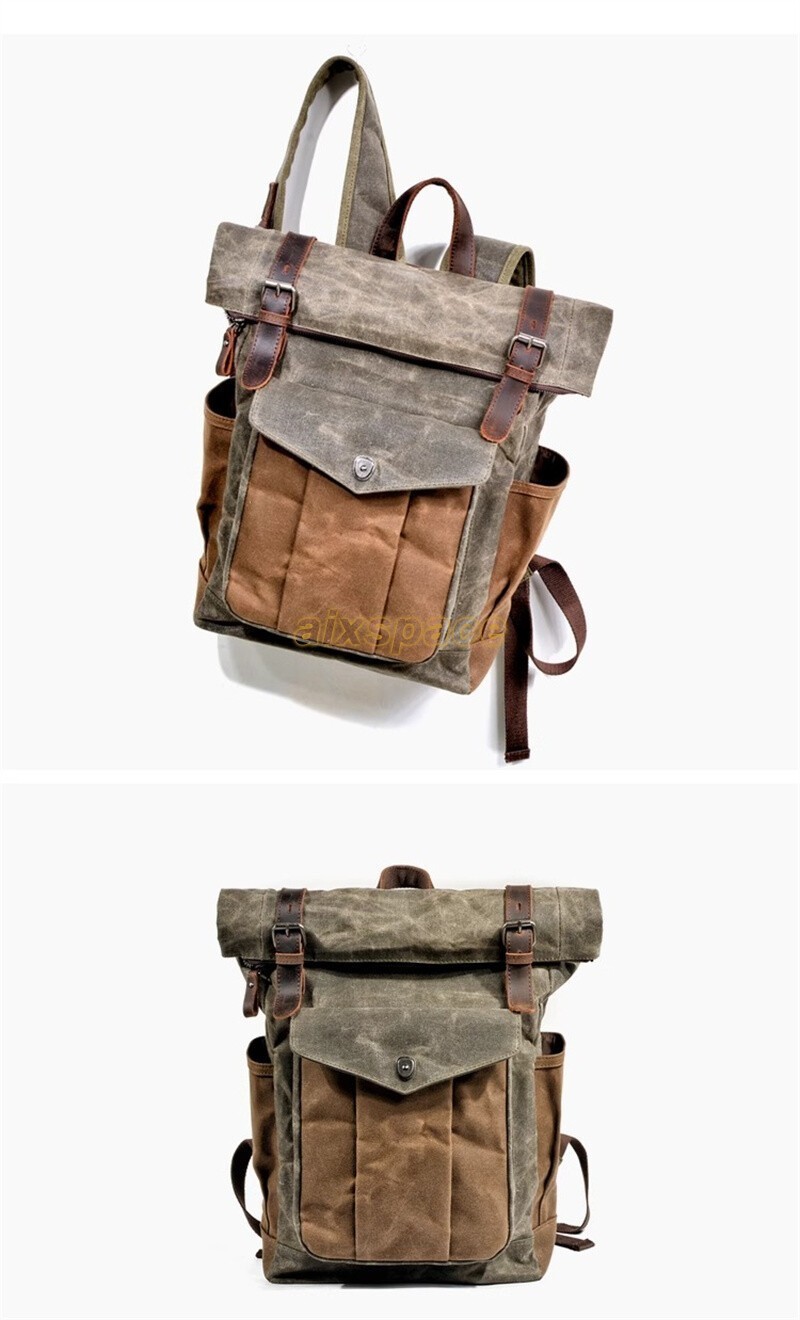 Men’s Retro Oil Wax Canvas Backpack Shoulder Bag Leisure Travel Knapsack
