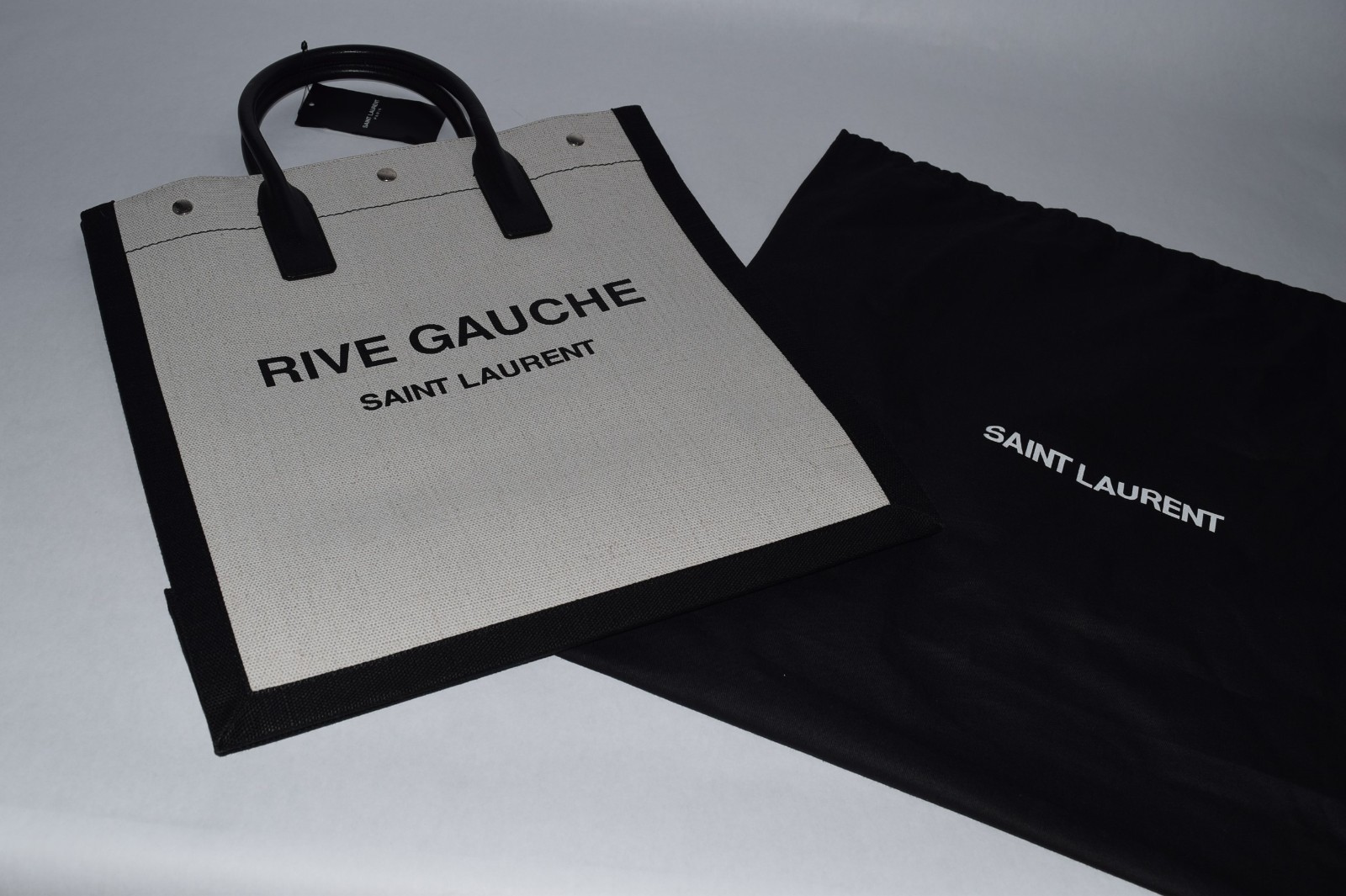NWT! Authentic YSL Saint Laurent North South Linen Leather Tote Bag Beige Black