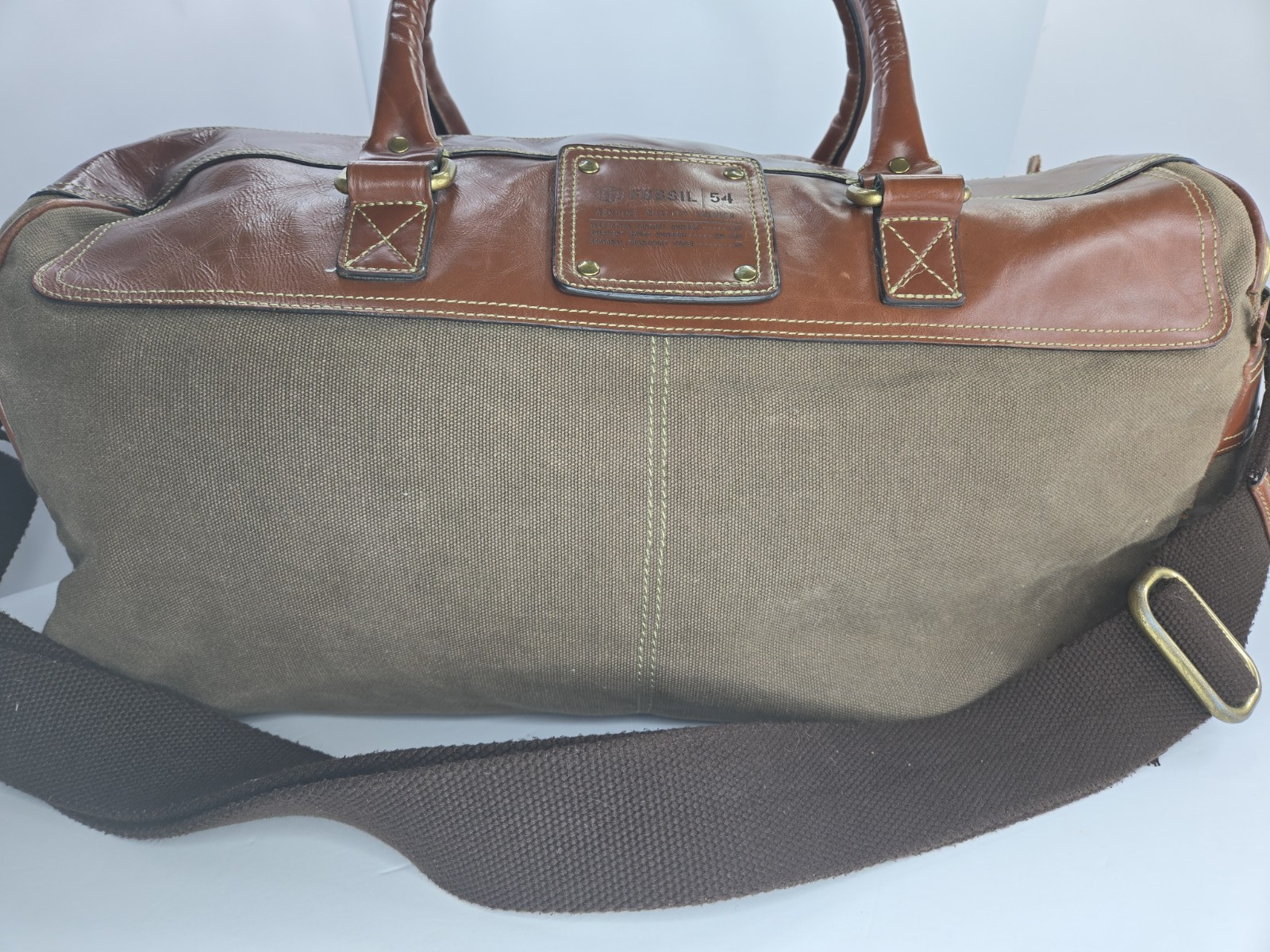 Fossil 54 MBG1121200 Brown Leather Canvas Duffel Weekender Bag READ