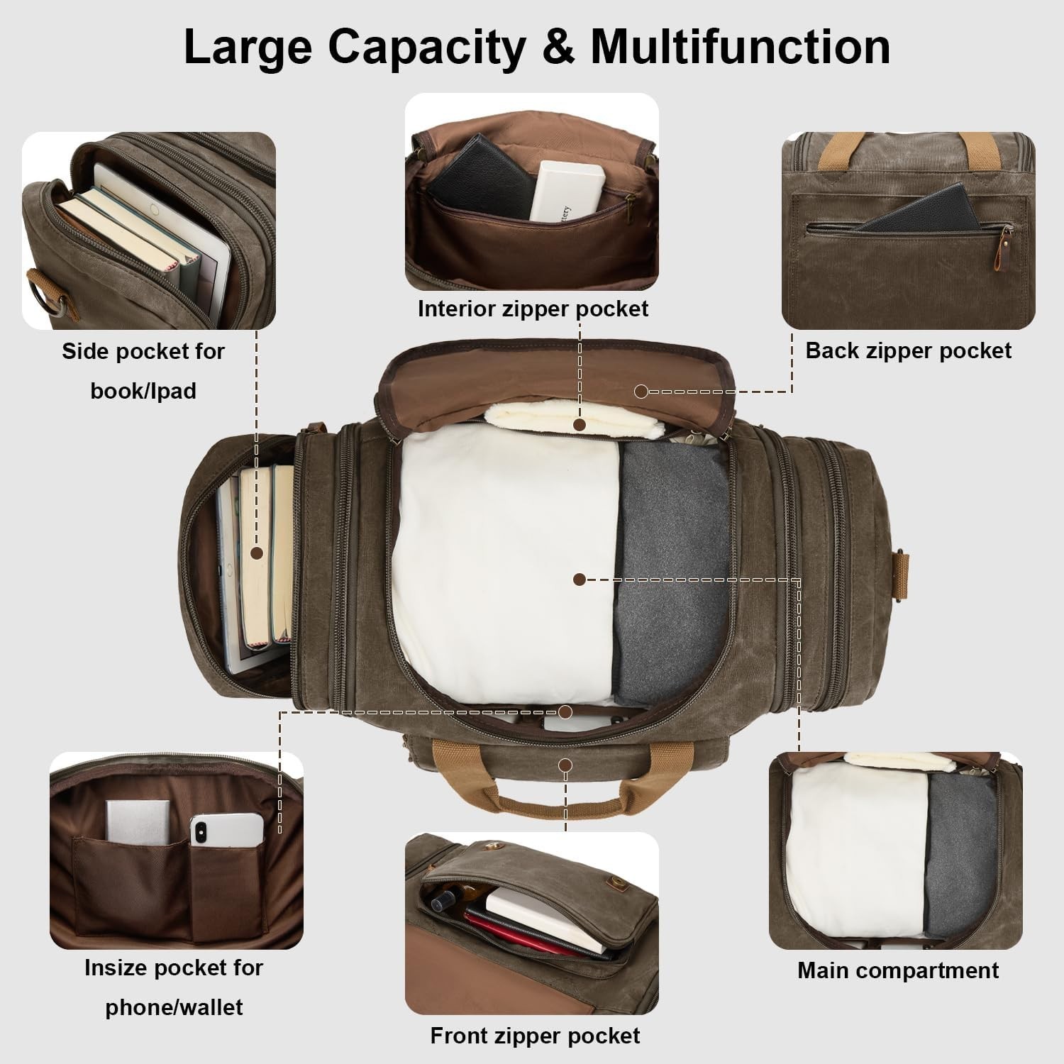 50L Waxed Canvas Duffel Bag, Coffee/ ArmyGreen | Waterproof Travel & Weekend Bag