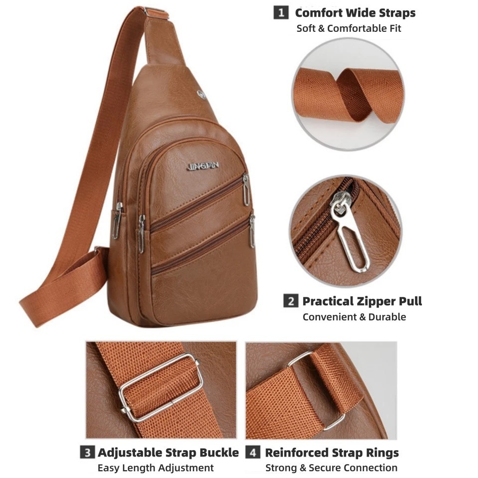 Men’s Leather Sling Bag Chest Pack Crossbody Shoulder Backpack USB Earphone Port