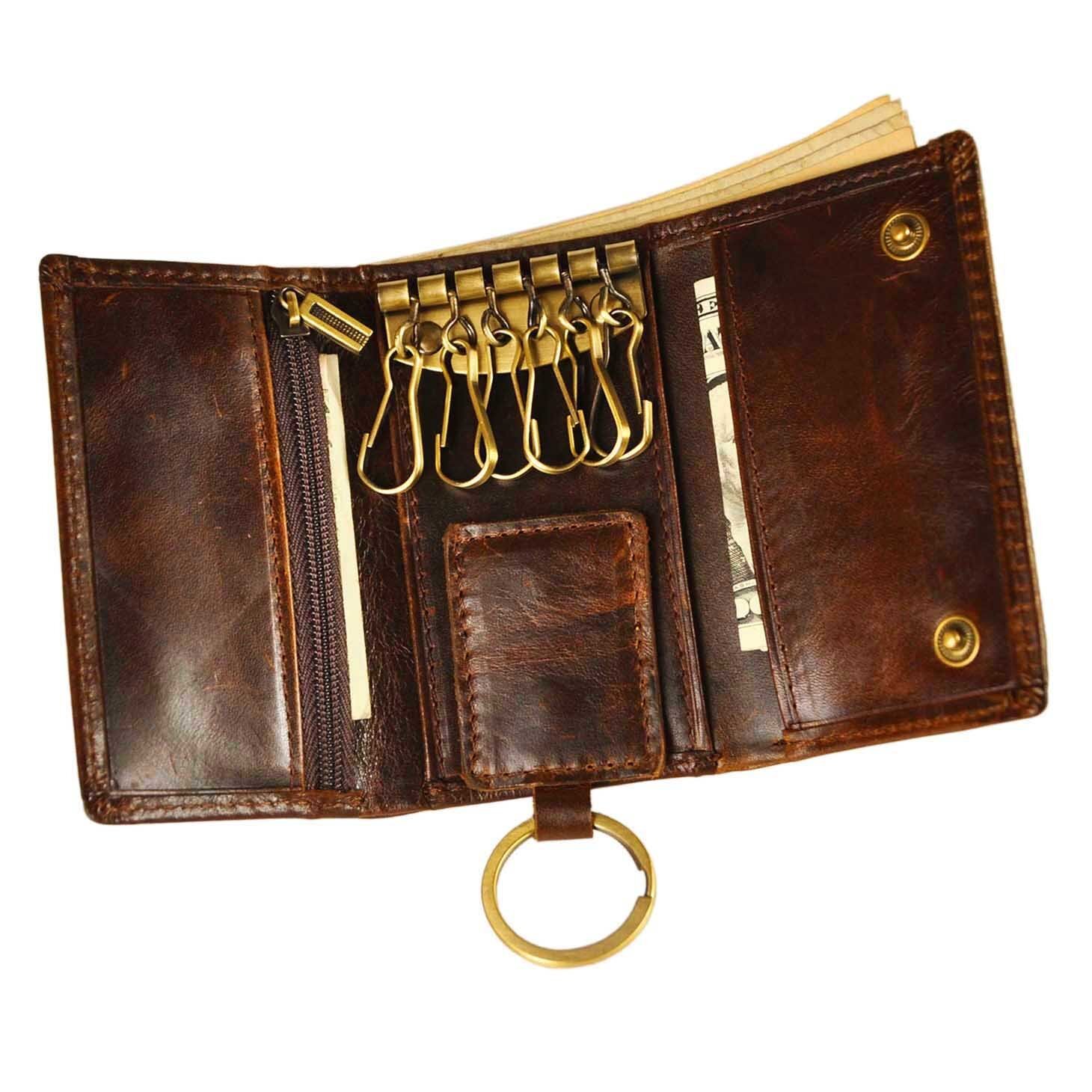 Mens Genuine Leather Car Key Case Loop Hook Coin Case Cover Wallet Snap