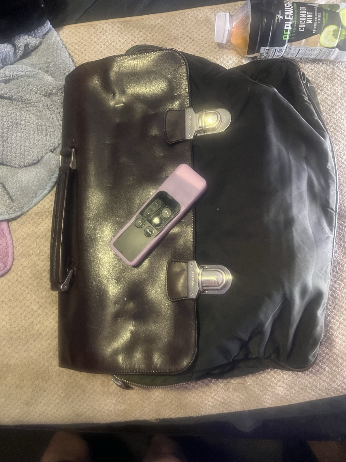 Prada Men’s Messenger Type Bag, Brown Leather w/ Black & Green Vinyl, Push-lock