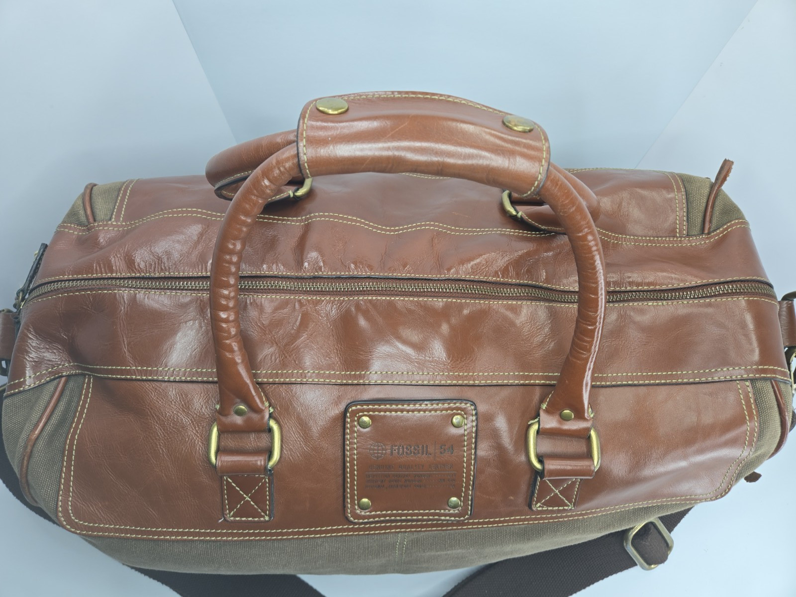 Fossil 54 MBG1121200 Brown Leather Canvas Duffel Weekender Bag READ