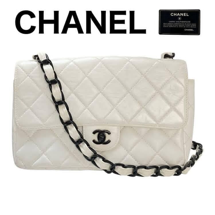 CHANEL Lambskin Chain Shoulder Bag, Seal, Ivory
