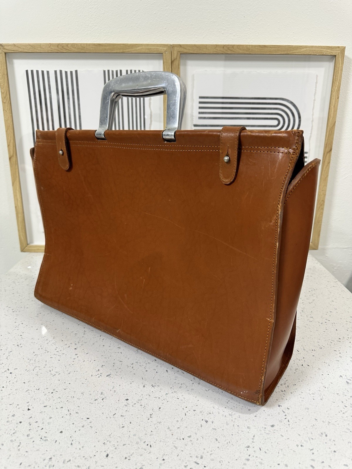 Vintage Bill Amberg Rocket Tan Briefcase Bag Metal Handle