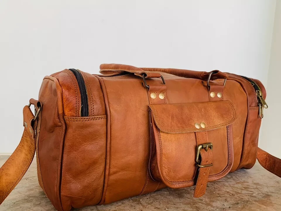 Genuine Leather Travel Duffel Bag Weekend Luggage Leather Duffle (24″X9″X9″)