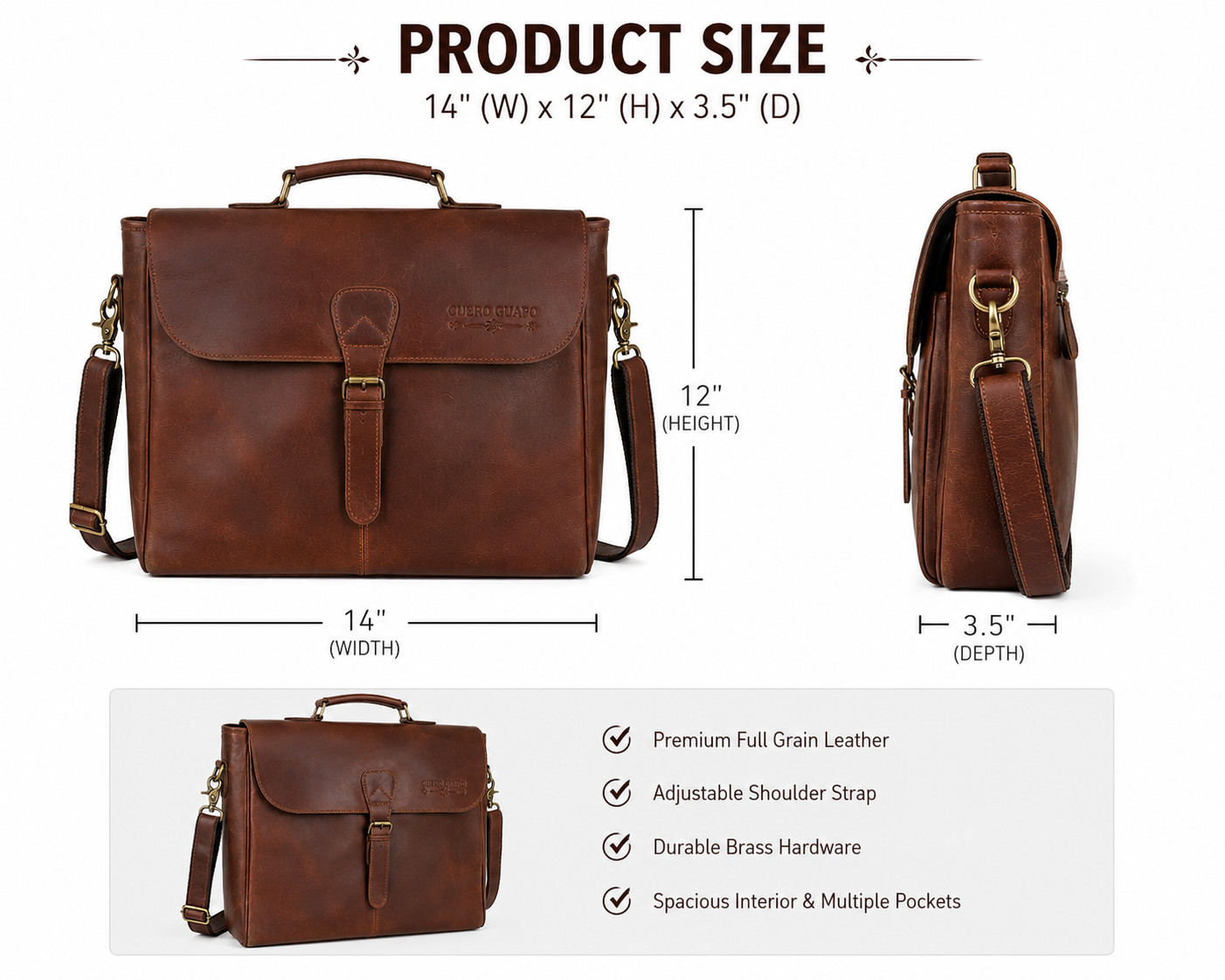 Vintage Leather Messenger Bag Briefcase Laptop Satchel Crossbody Brown 14”