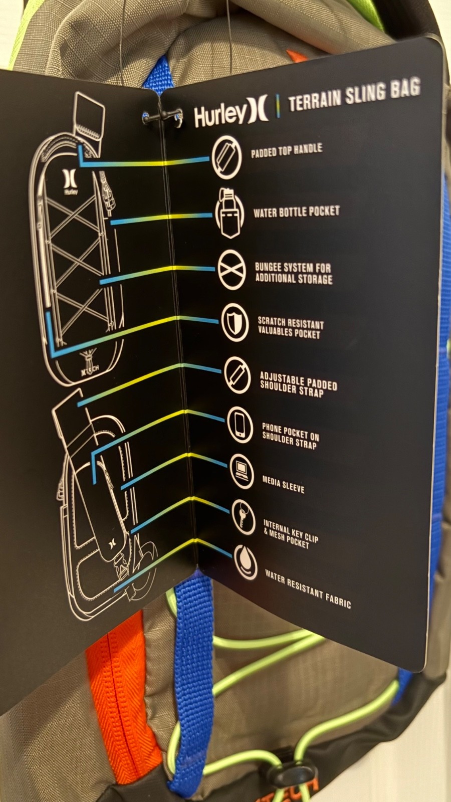 NEW Hurley TECH Terrain Sling Bag Water Bottle Pocket Adjustable Shoulder Strap