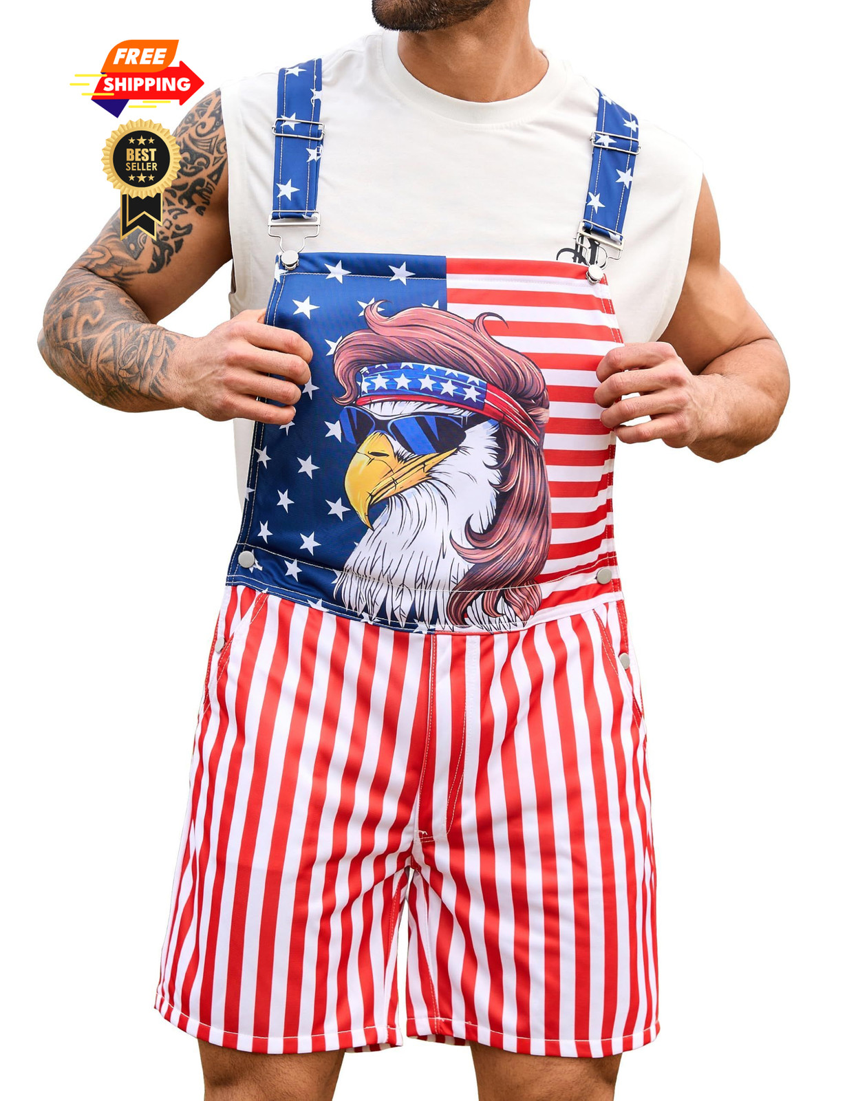 Bindefon Mens 4th of July Overalls Printed American X-Large, Eagle