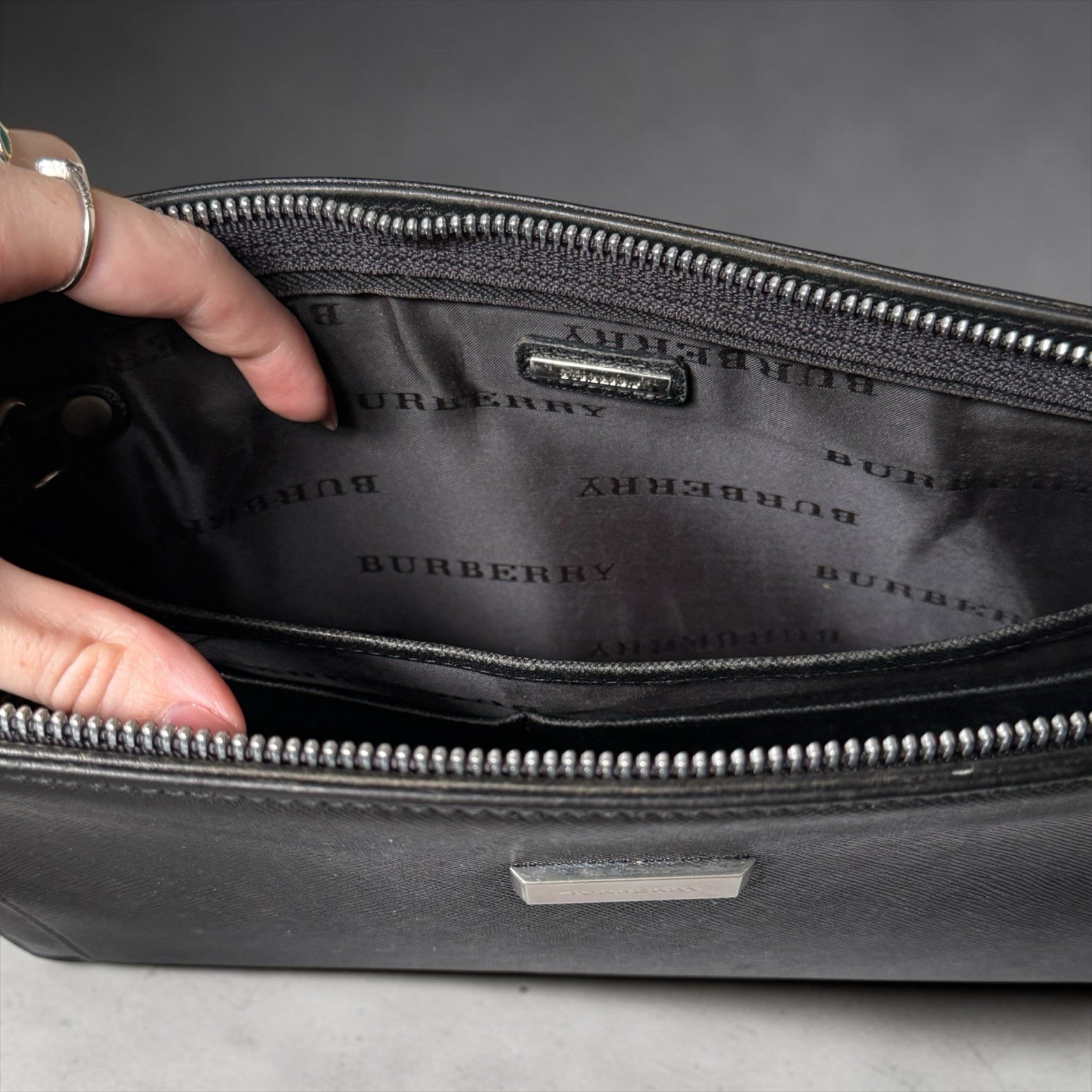 Burberry Black Leather Clutch Pouch Bag Luxury Unisex Authentic