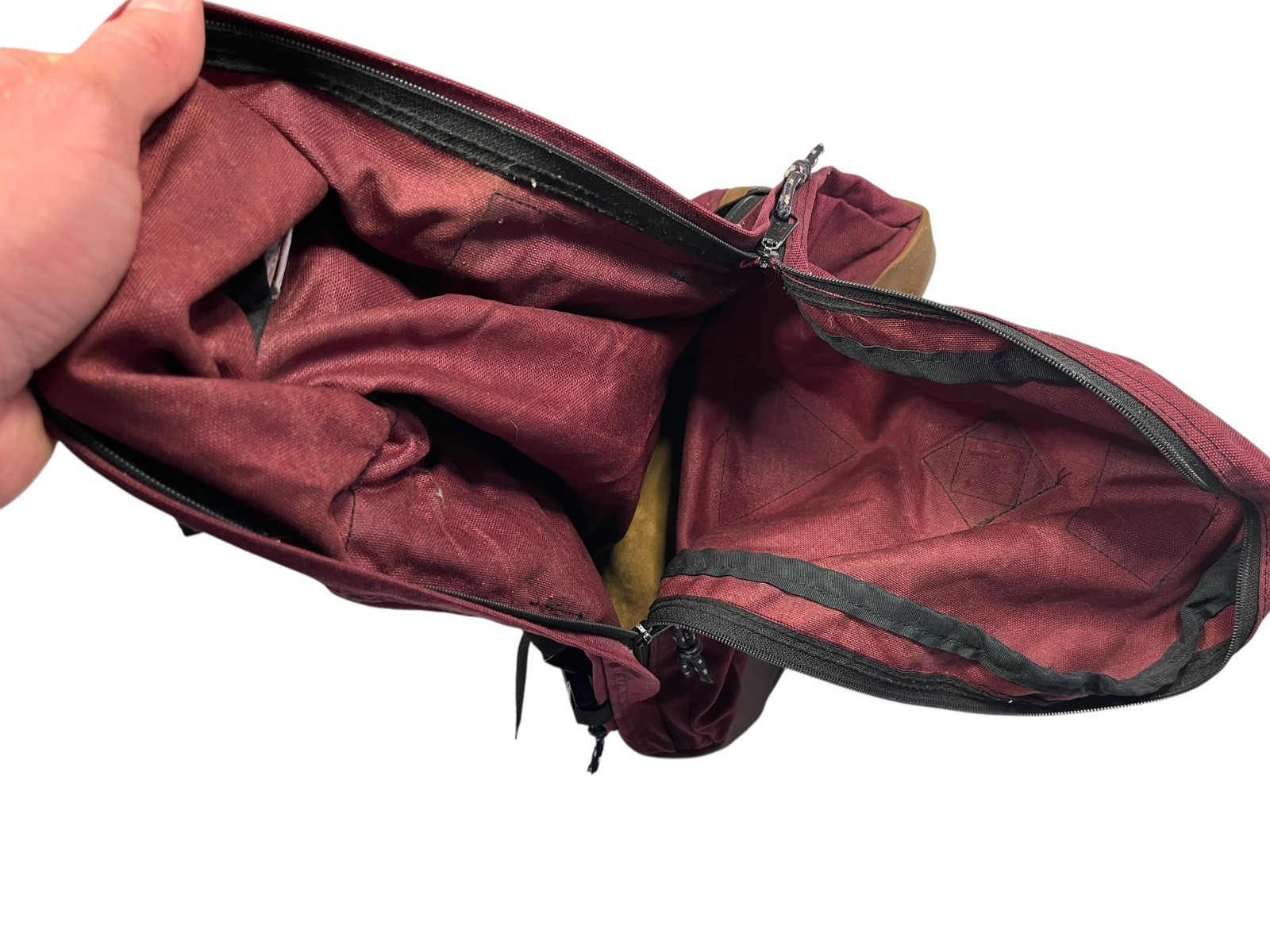 Vtg 90s JANSPORT Red/Brown LEATHER PATCH & BOTTOM BACKPACK Hike Travel Gym Bag