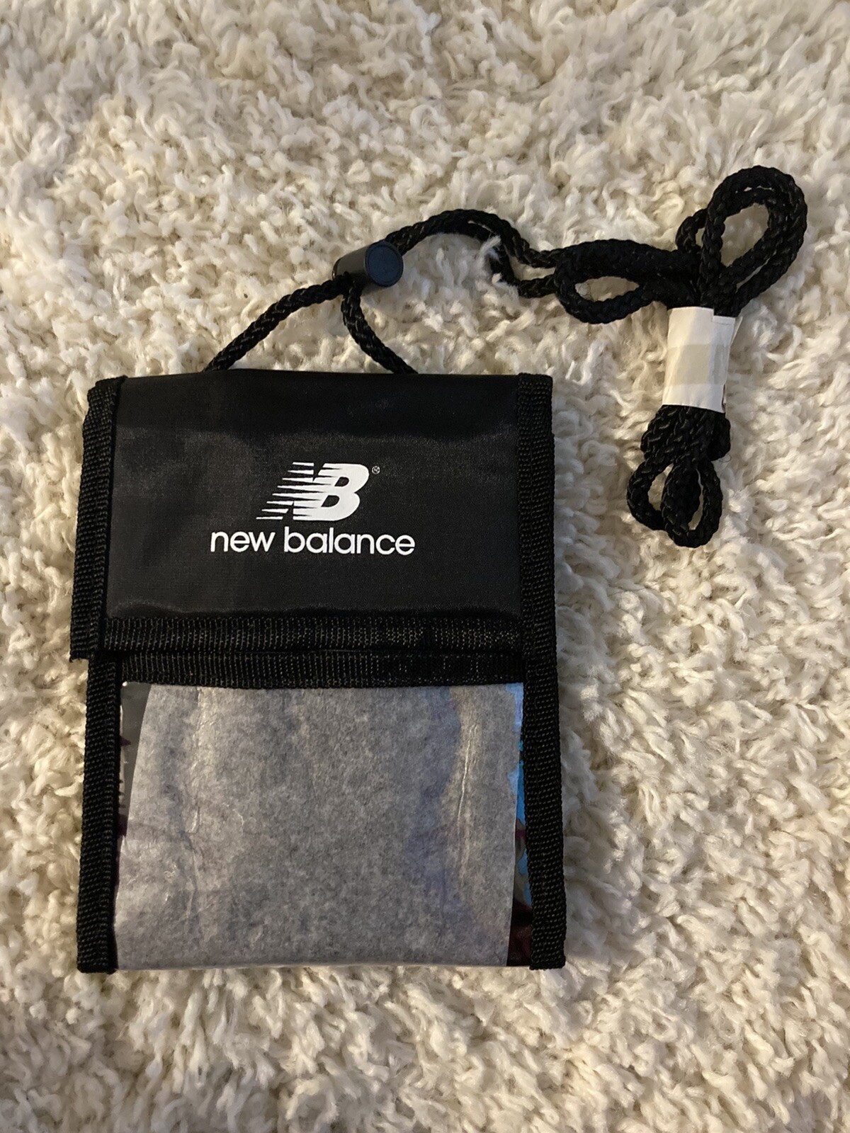 Black New Balance Neck or Belt Pouch White logo Clear Outside Pocket