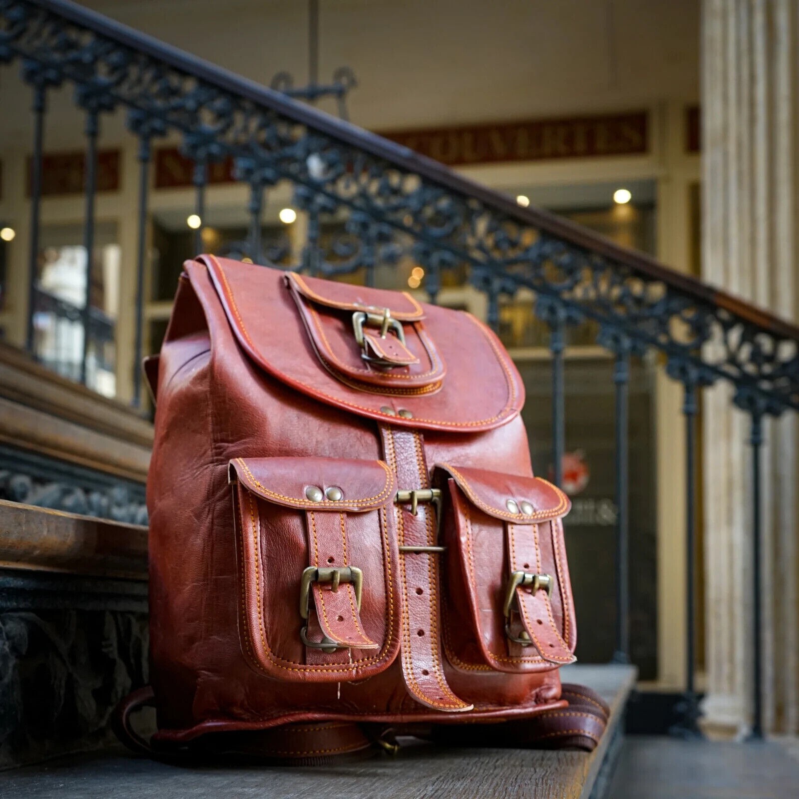 New 15″ Lambskin Leather Backpack Bag Men Vintage Laptop Rucksack Satchel Travel