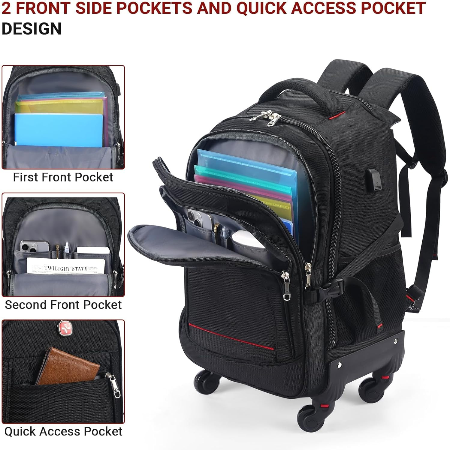 4-Wheel Rolling Backpack 45L (22X14X9 In): 17.3-Inch Roller Travel Laptop Backpa