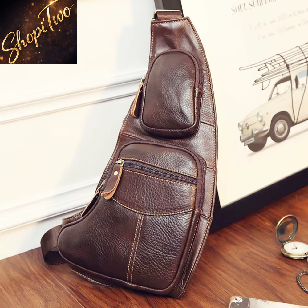 New Men Genuine Leather Cowhide Leather Vintage Sling Single Chest Back Tag