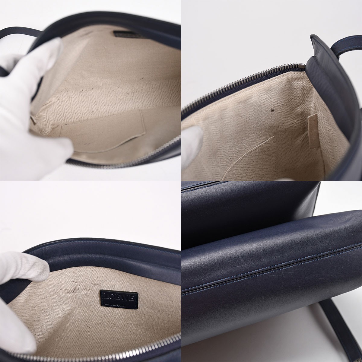 LOEWE Anagram Large Double Pouch Shoulder Crossbody Leather Navy Silver