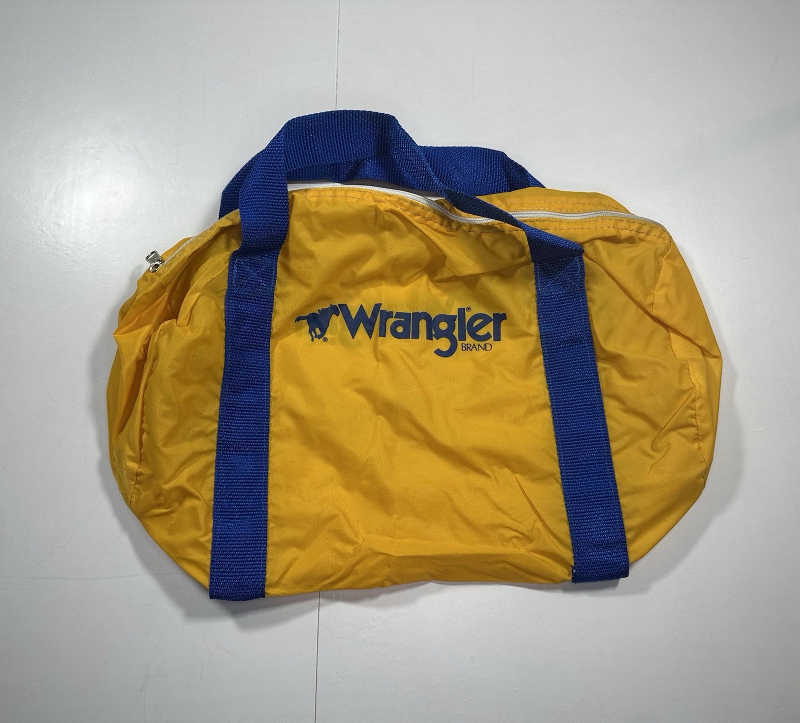 Vintage Wrangler Duffle Bag Barrel Luggage Yellow Nylon Blue Jeans Cowboy Case