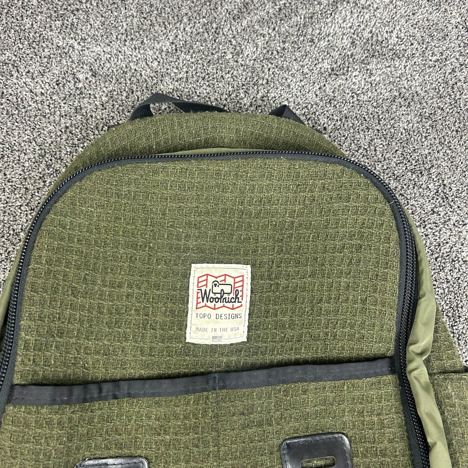 Woolrich Backpack- Vintage-canvas TOPO Design Green Wool Blend Mens 4057 Zip