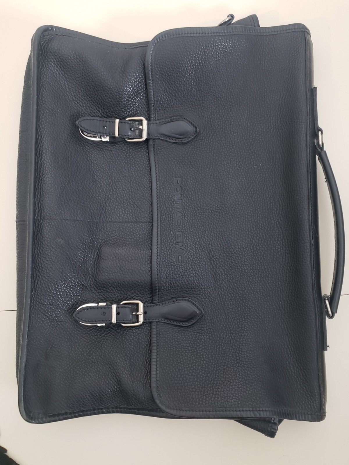 Roots Canada Black Leather Messenger Bag Briefcase Pontiac GMC Logo Beaver Tag