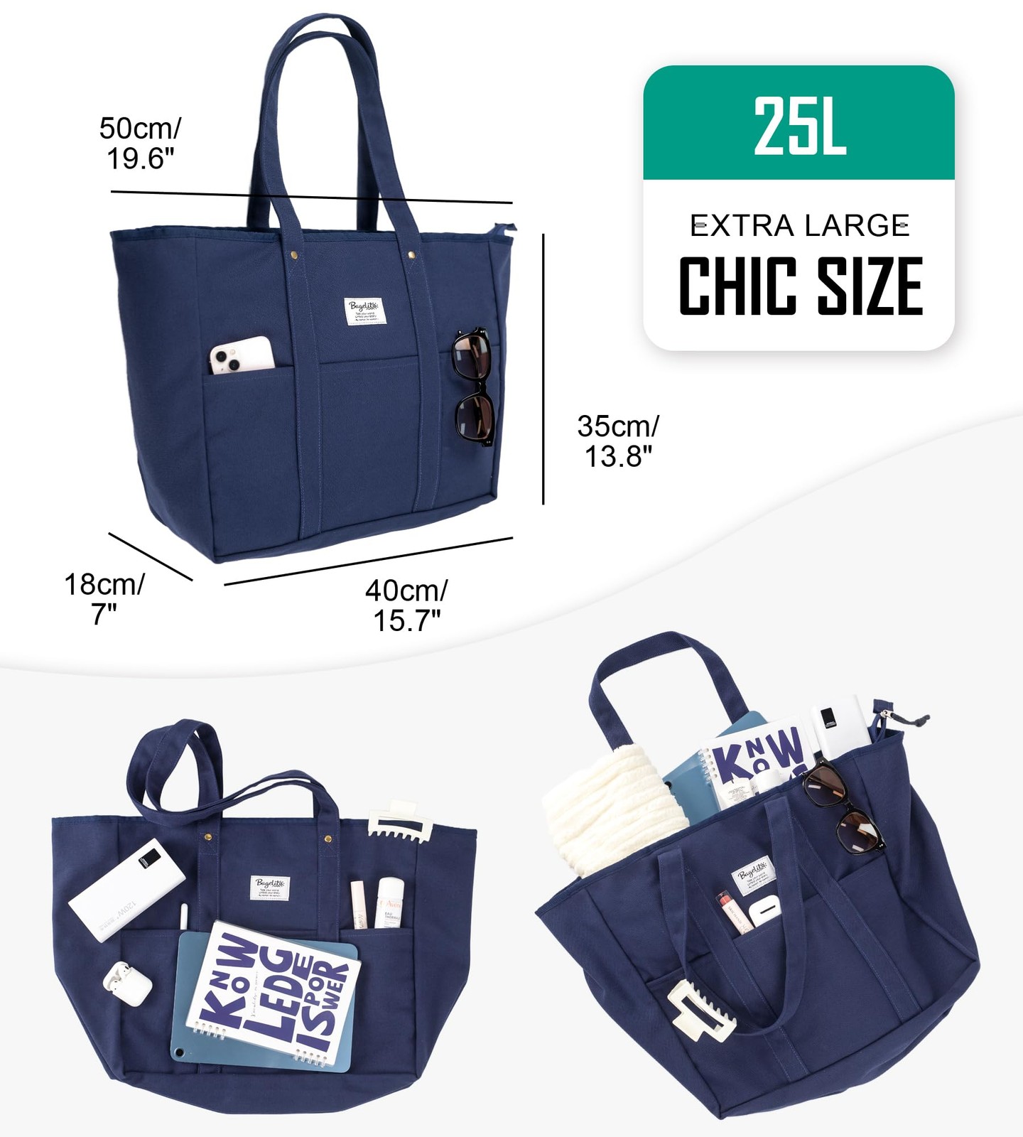 Bagelite Extra Large Canvas Tote for Women Men, Utility Work Bag Large, Blue