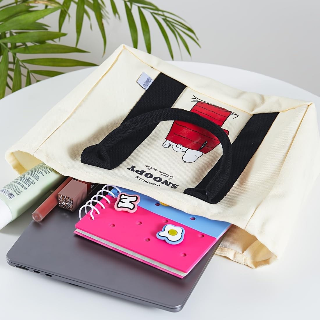 MINISO Snoopy Tote Bag,Peanuts Summer Travel 11.4″ x 8.5″ x 4.3″, Ivory