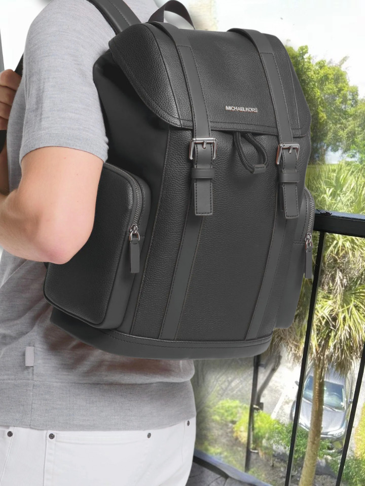 Michael Kors Cooper City Men Buckle Side Pockets Leather Travel Backpack Black