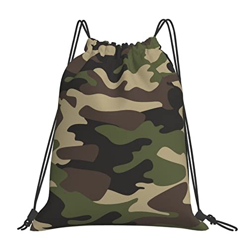 Green Brown Camo Unisex Drawstring Backpack Bag Sport Gym Dance Travel White 6