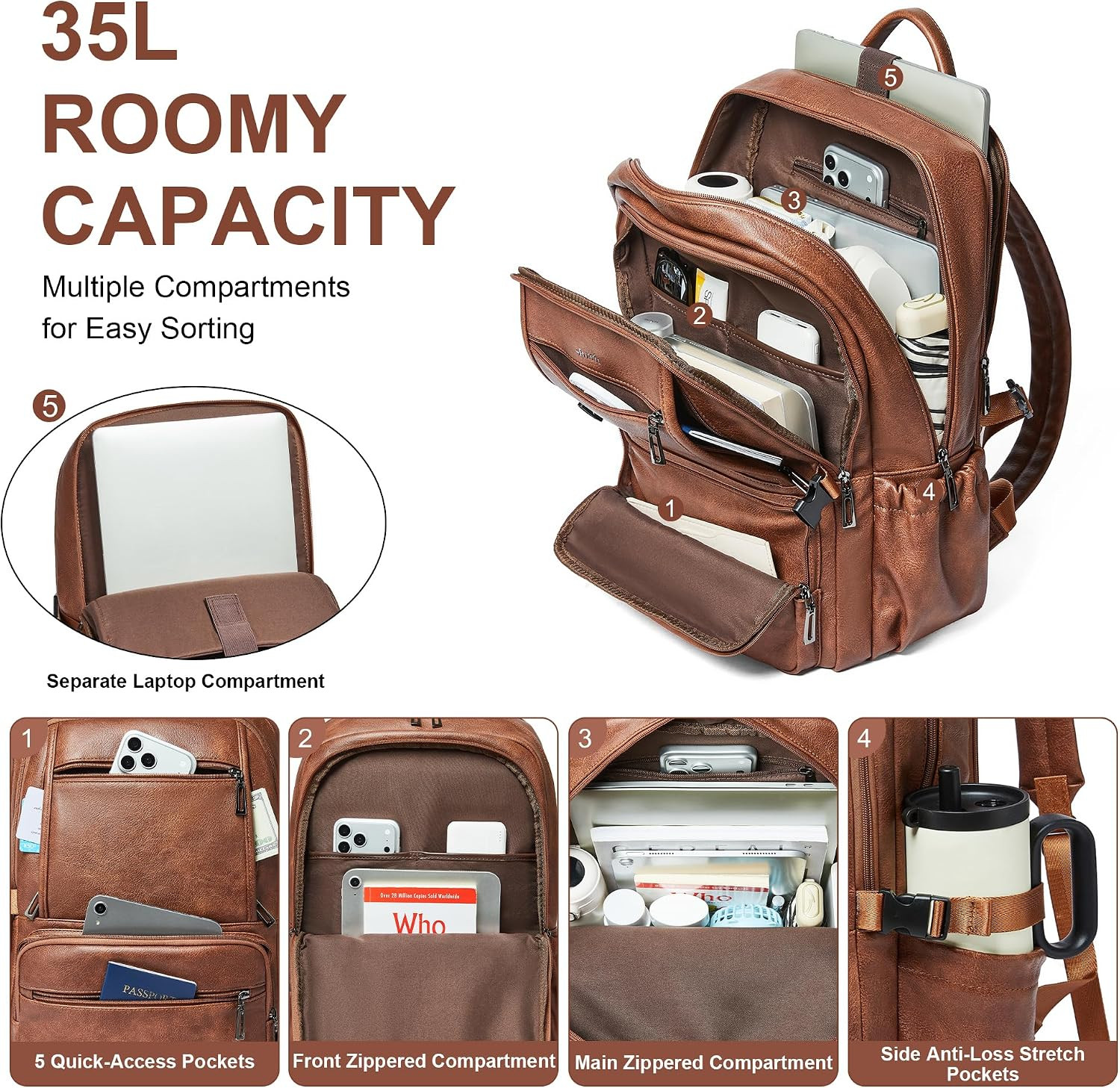 17″ Vegan Leather Laptop Backpack with Tumbler Holders for Work & Travel