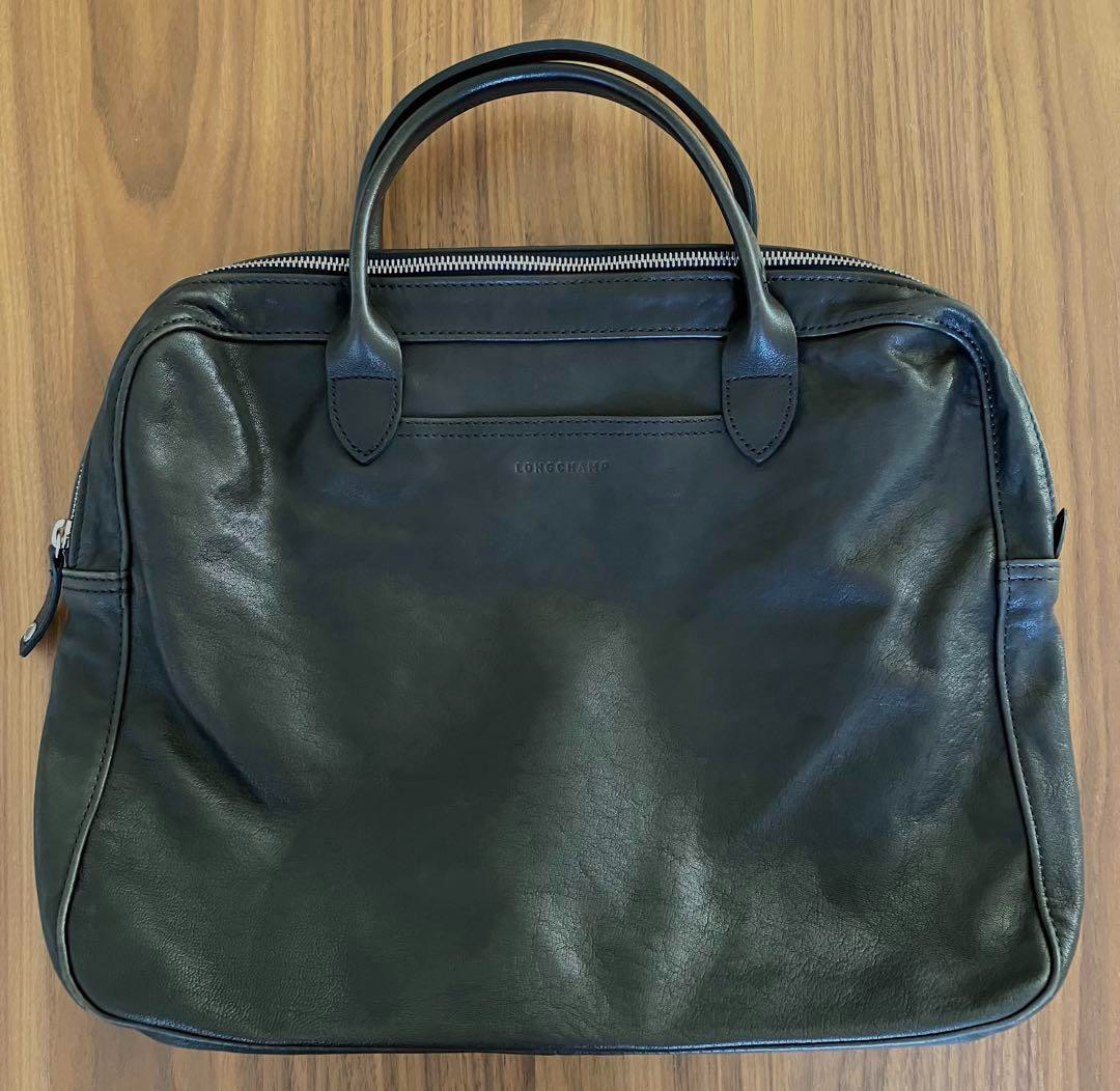 Longchamp Nappa Leather Business Bag Dark Gray Briefcase Tote 14.2in Authentic