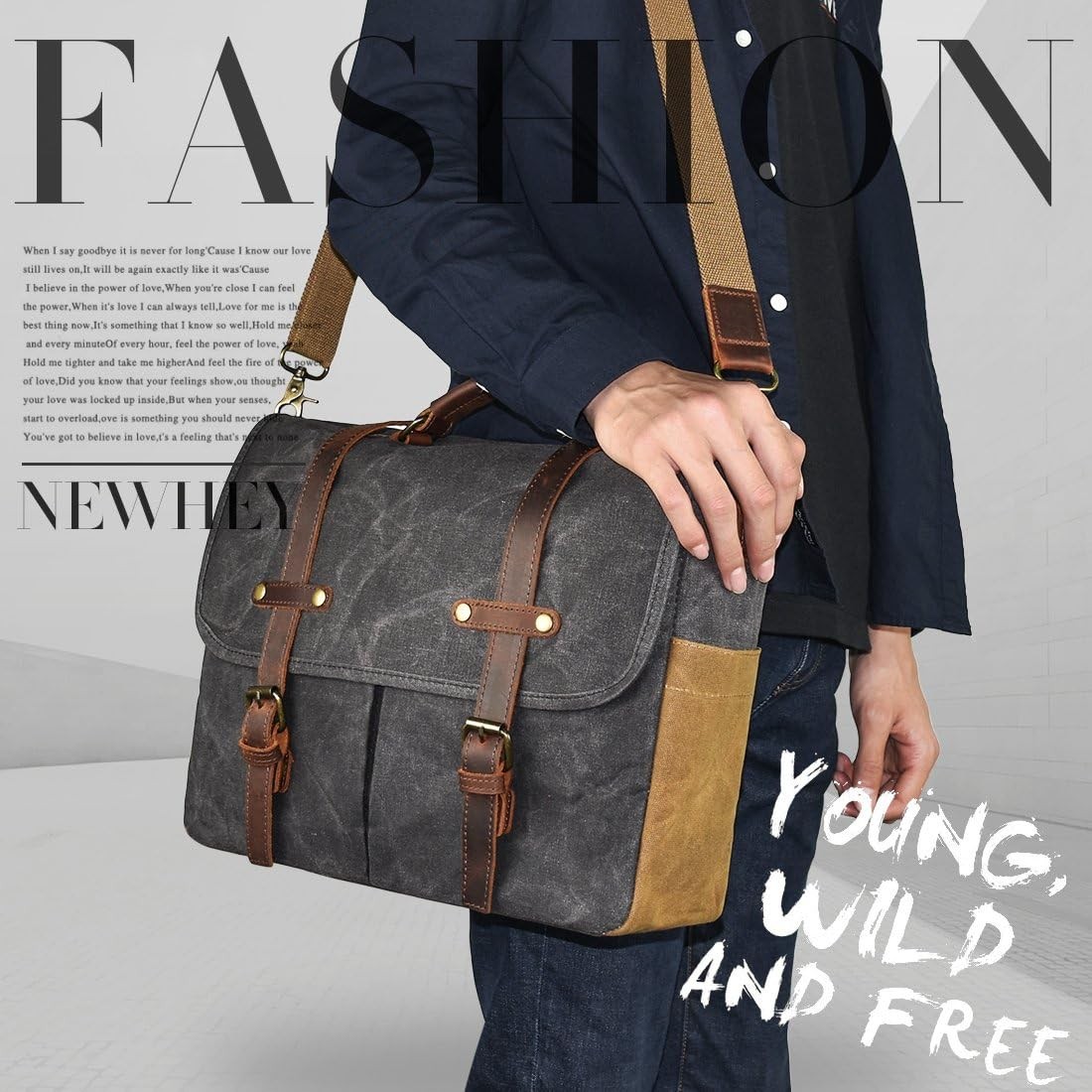 Men’s 15.6″ Waterproof Leather Canvas Laptop Messenger Bag Grey Satchel