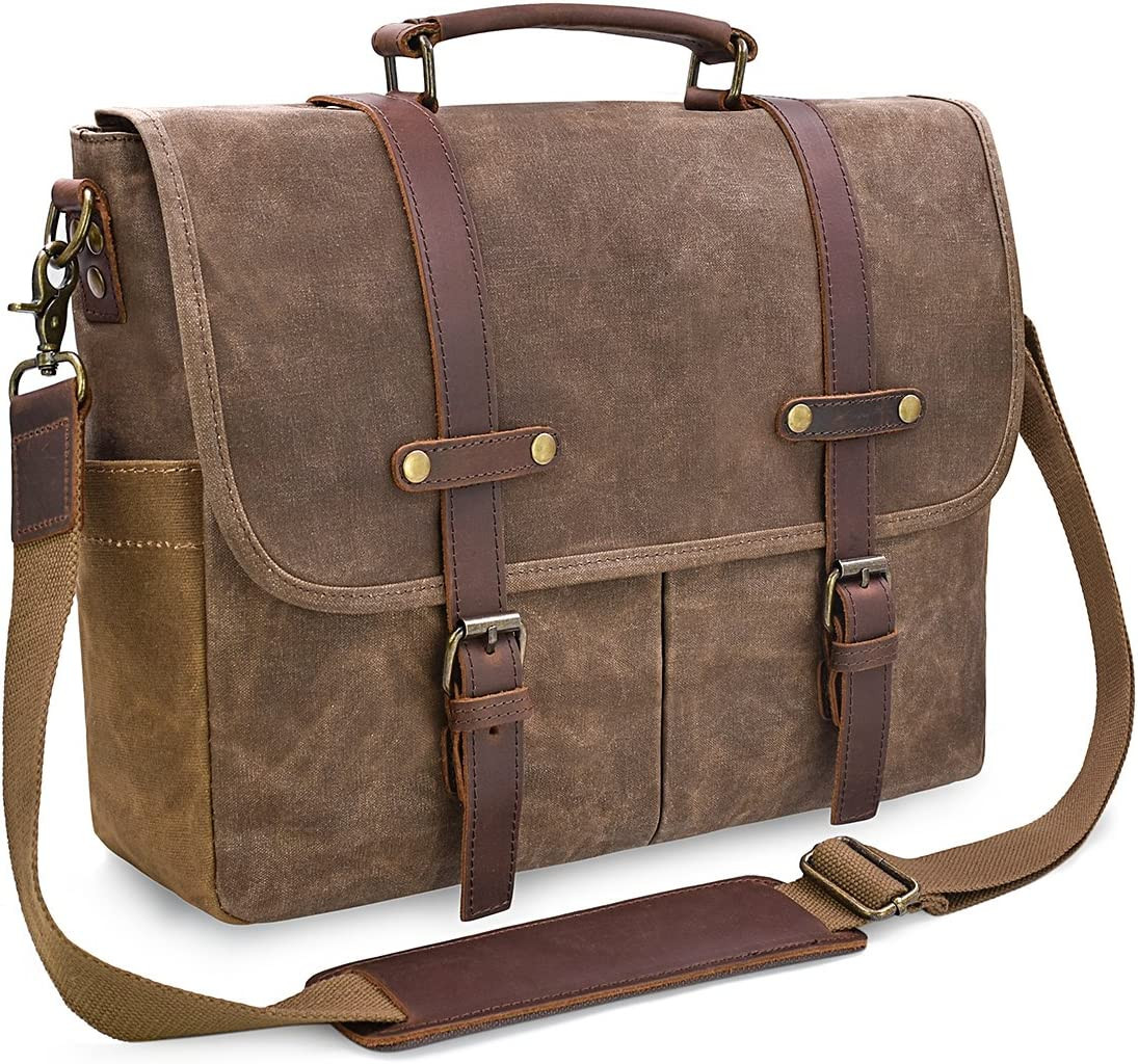 Men’s 15.6″ Waterproof Vintage Leather & Canvas Messenger Bag, Brown