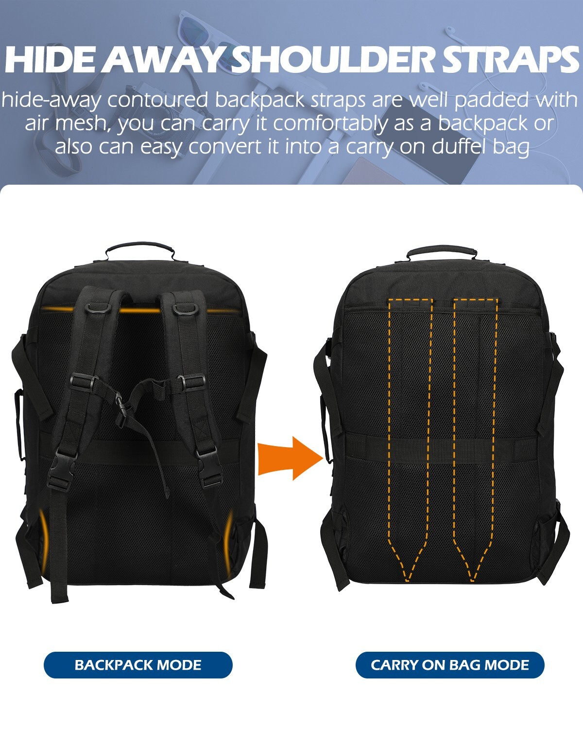Convertible Men 38L Carry On Backpack Cabin Size Personal item Bag Weekender Bag