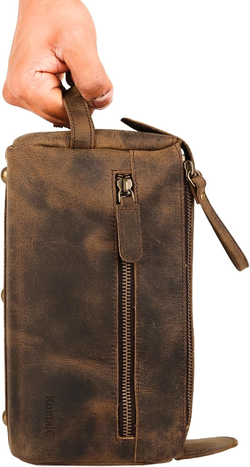 Komalc Premium Buffalo Leather Toiletry Bag for Men & Women with Water Resistant