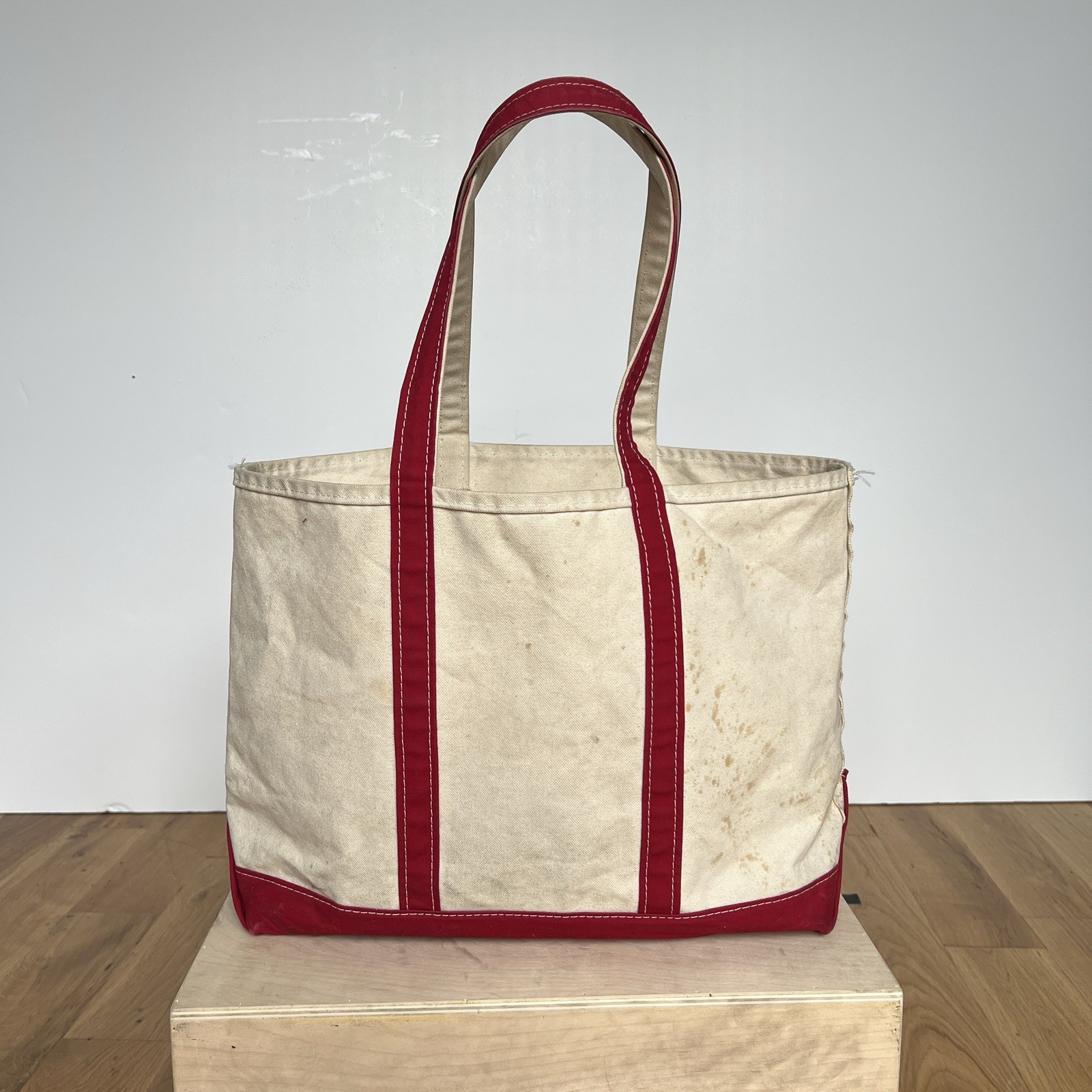 Vintage 90’s 00’s LL Bean Boat and Tote Bag Large Ivory Red Canvas USA Stained