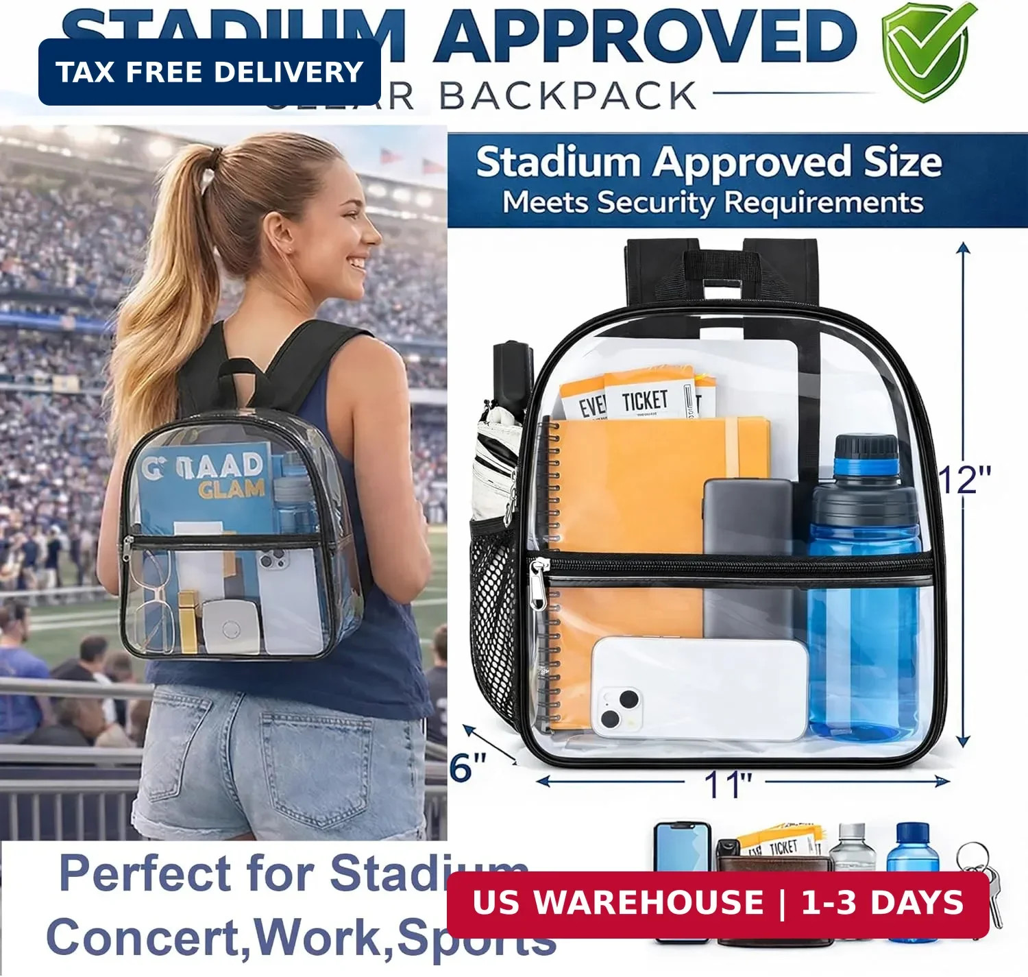 Oraben Clear Backpack Stadium Approved, Clear Bag 12 x 6 x 11 in, Small Transpar